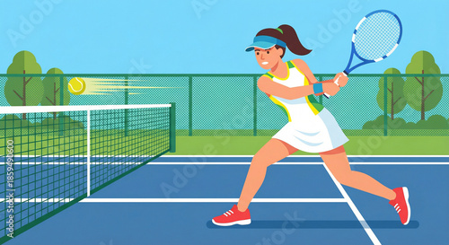Illustrated tennis player hitting a tennis ball during a match on a blue outdoor court