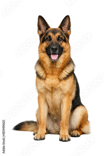 Fotografía Full-body portrait of an adult German Shepherd dog sitting upright and facing forward, with alert pointed ears, intelligent expression, and tongue slightly out