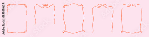 Set of elegant vintage frames with decorative ribbon bow. Hand drawn cute crayon doodle borders. Perfect for wedding invitations, Valentine cards designs. Coquette whimsical wavy design element