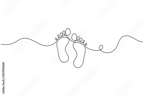 Minimalist continuous line drawing of human footprints on white background