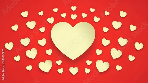 A pattern of cream hearts on a vibrant red background