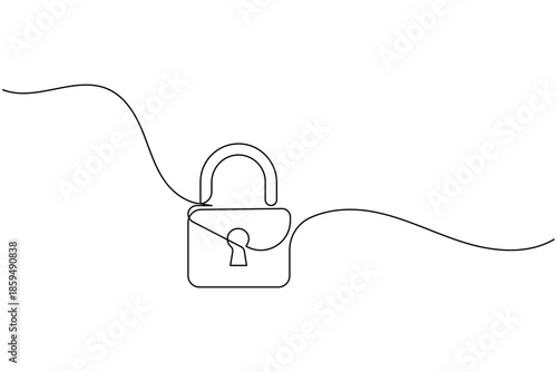 Single line drawing of an open padlock on a white background