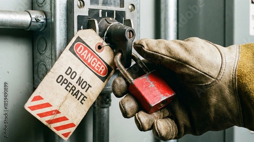 Electrician hand placing lockout tagout padlock on industrial breaker