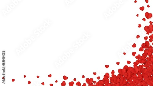 Abstract background of scattering red hearts on a white canvas