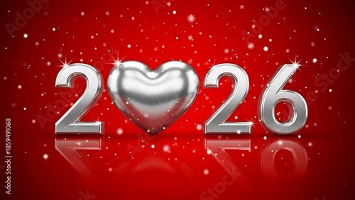 Silver 2026 numbers with heart on a sparkling red background