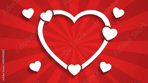 A white outline of a heart shape is surrounded by smaller white hearts on a red background