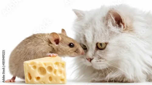 A small, furry rodent and a fluffy white domestic feline are captured in a striking studio shot, positioned closely on a clean white background. The intense gaze of the large feline is directed at the