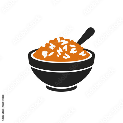 A simple stylized illustration of a black bowl filled with a chunky orange food and a dark spoon resting inside isolated on white background
