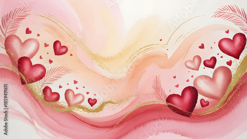 Romantic Pink Watercolor Background With Gold Hearts, Elegant Valentines Day Banner With Abstract Heart Shapes, Soft Pastel Love Background For Wedding Invitation