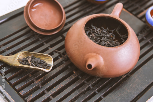 tea ceremony, close up of clay teapot and cups