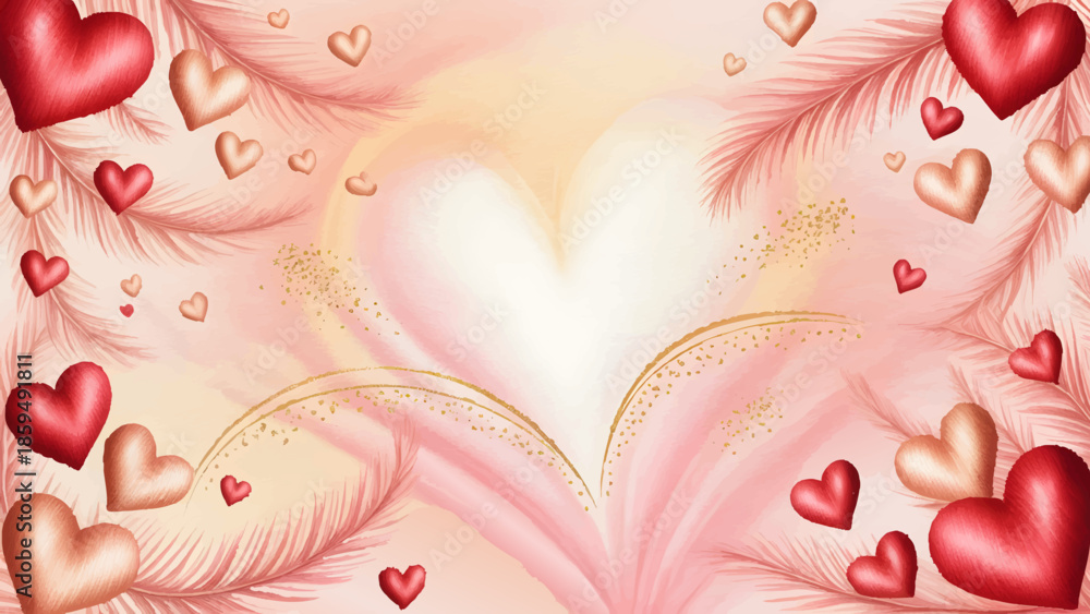 Obraz premium Romantic Pink Watercolor Background With Floating Hearts, Elegant Valentines Day Banner With Gold Leaf Accents, Soft Pastel Love Background For Wedding And Invitation, Abstract Artistic Heart 