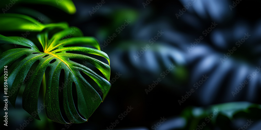 Fototapeta premium Monstera leaves with deep cuts in water droplets after spraying, close-up on a dark background, growing tropical plants for home or office