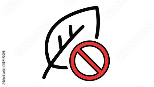 Simple black line icon depicting a leaf crossed out by a red circle with a diagonal line representing no pesticides or chemical treatments allowed