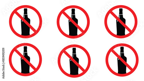 Clear black silhouette of an alcoholic beverage bottle enclosed within a bold red circle with a diagonal prohibition slash indicating no alcohol allowed or sold