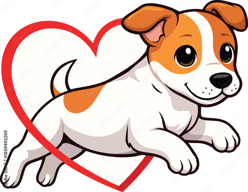 Obraz premium Cute Playful Puppy Jumping with Heart Outline Illustration, Happy Cartoon Dog, Love and Valentine Concept