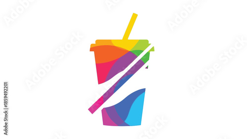 Stylized abstract graphic design representing a beverage cup with a straw overlaid by a diagonal prohibition symbol illustrating a ban or restriction on sugary drinks