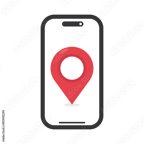Isolated pictogram of smartphone with large red GPS location symbol, representing digital address, find my phone, and mobile navigation safety