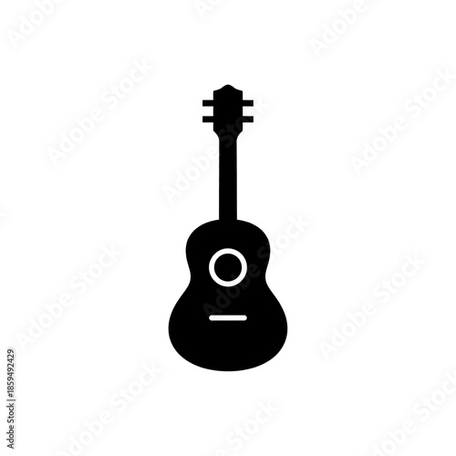 A simple, black silhouette of an acoustic stringed instrument. It stands upright against a white background. The instrument has a round body and a long neck