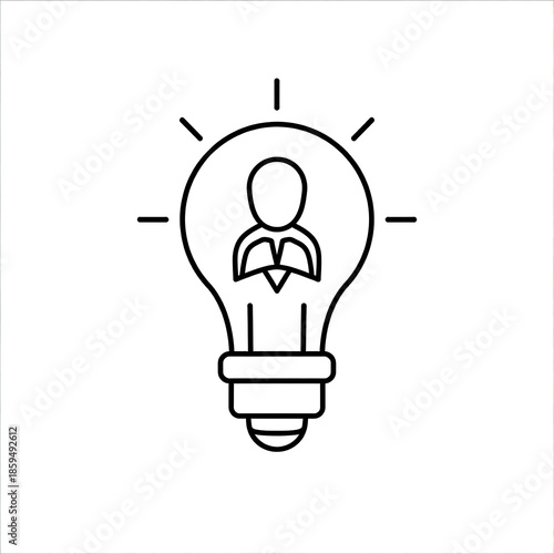 A simple, black-outlined illustration features a lightbulb enclosing a human figure, rays extending outward, on a white background
