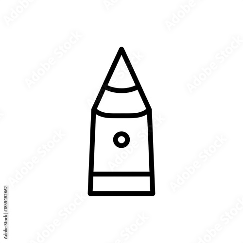 A simple, black-outlined illustration of a pencil, showing the sharpened point, the body with a central circle, and a capped base