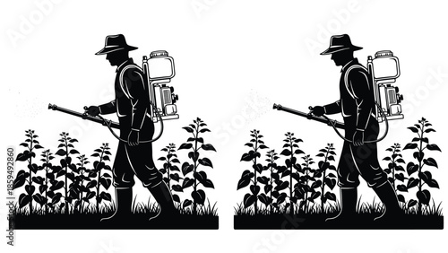 Farmer spraying crops with backpack sprayer, agricultural pest control concept, plant protection work isolated white background vector illustration design elements