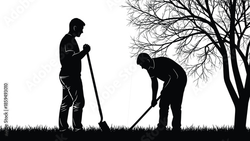 Garden workers silhouette digging soil under tree, teamwork gardening labor concept, outdoor manual work illustration isolated white background vector design