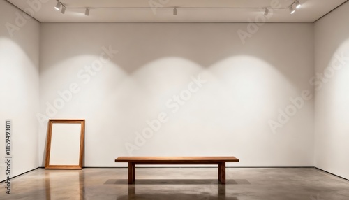 A clean, brightly lit interior displays an empty art frame resting against the wall next to a simple wooden bench. Track lighting above illuminates the empty space.