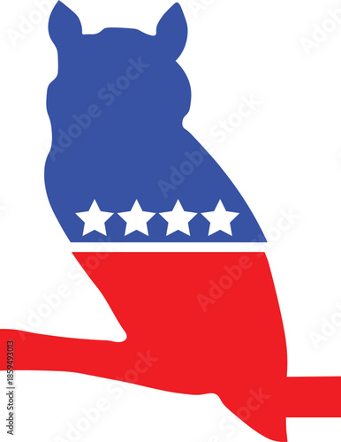 Centrist Political Owl Symbol with Red Blue Colors and Stars