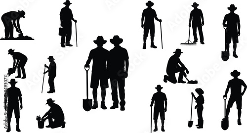 Gardener silhouette collection showing digging planting raking watering teamwork poses, farming gardening activities isolated white background vector illustration set design
