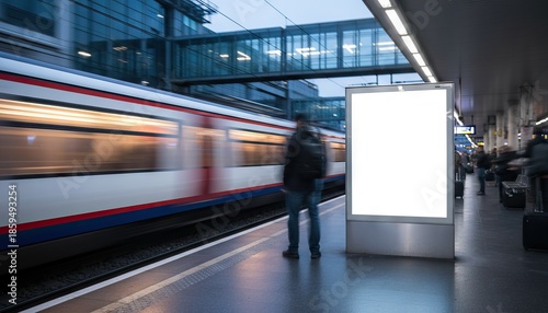 A train is moving past a station platform. People are waiting, and a blank, illuminated advertising sign stands in the foreground. The station looks like it is located in a European city.