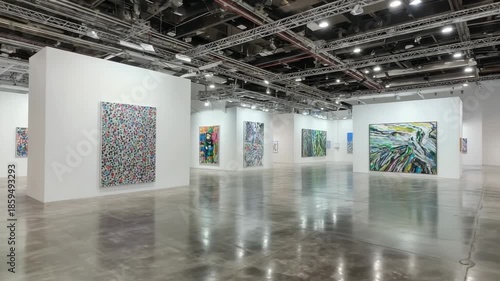 Contemporary art gallery exhibition with abstract paintings displayed on white walls in a modern space