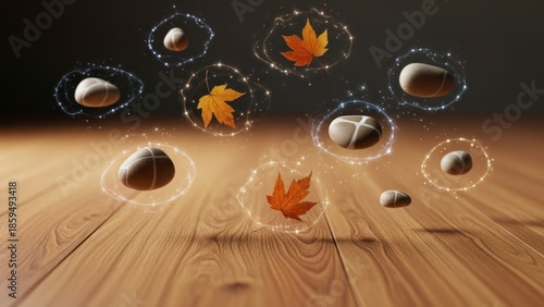 Floating leaves and stones on a wooden surface with a dark background
