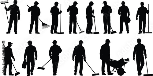 Maintenance workers silhouette collection with brooms rakes wheelbarrow, cleaning service staff poses isolated white background vector illustration set design elements