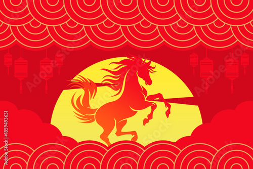 Happy Chinese New Year with fire horse and golden sun. Chinese New Year background illustration vector design.