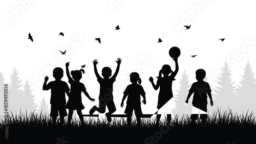 Silhouette children playing outdoors, happy kids jumping and running in nature, childhood freedom concept, park landscape, isolated vector illustration, design