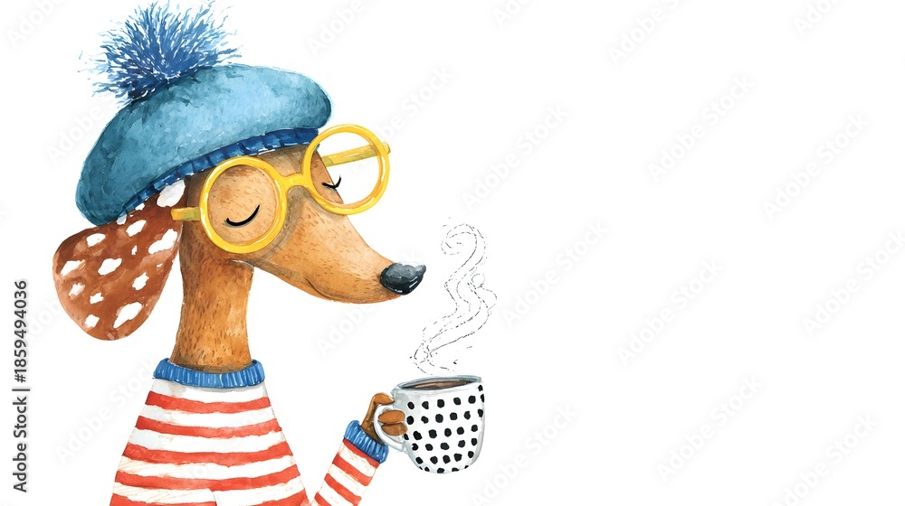 Naklejka premium Stylized dog wears a knit hat, striped shirt, and yellow glasses. Holding a polka dot mug with steam rising, eyes closed in cozy bliss. illustration for greeting cards and children's designs.