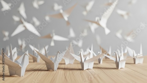 Origami cranes on a wooden table with flying birds in the background