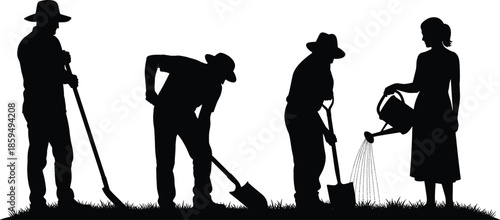 Silhouette farmers gardening together, men and woman planting and watering plants, rural agriculture teamwork scene, isolated vector illustration, design, concept