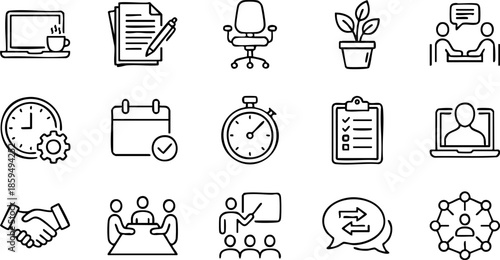 A collection of line icons representing business and office concepts on a white background