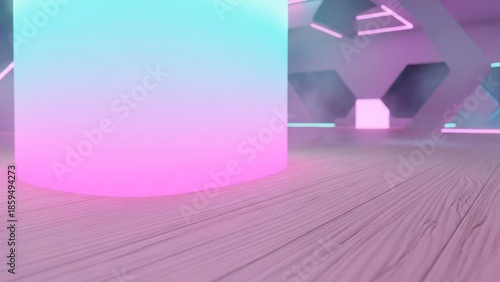 A vibrant, neon-lit cylindrical structure stands prominently in a modern, futuristic room with a sleek wooden floor and geometric ceiling design.