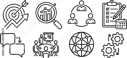 A collection of simple line icons representing business concepts and strategies for a professional environment