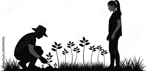Silhouette father and daughter planting seedlings together, family gardening activity outdoors, nurturing growth concept, isolated vector illustration, design, stock, art