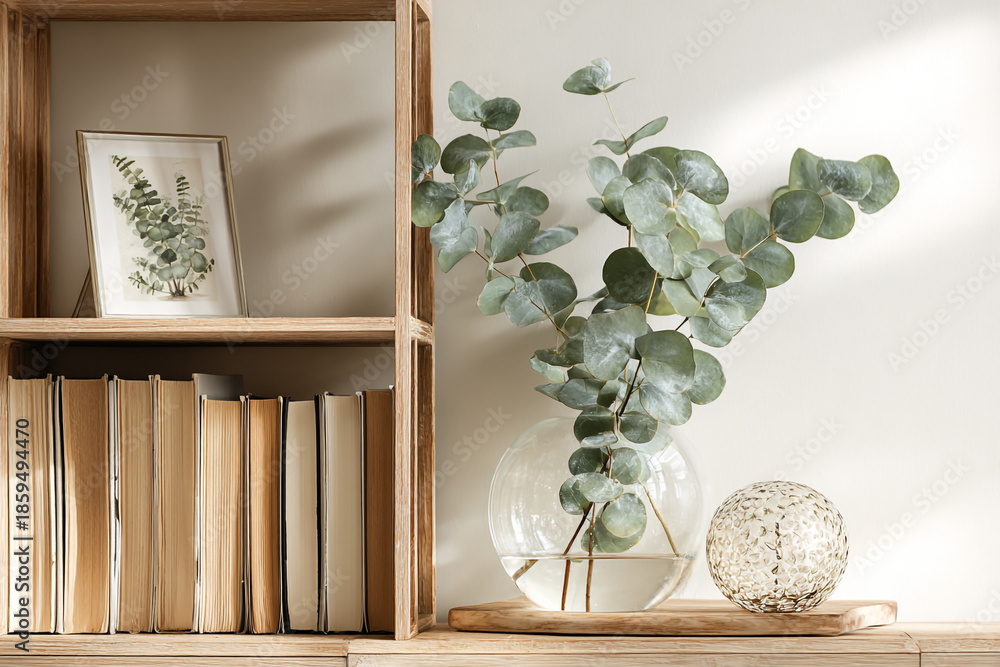 Obraz premium Rustic wooden shelf displaying eucalyptus branches in a glass vase alongside books and a decorative orb