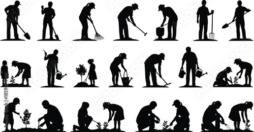 Silhouette gardeners and farmers working together, planting watering digging raking activities, outdoor agriculture labor collection, isolated vector illustration set, design