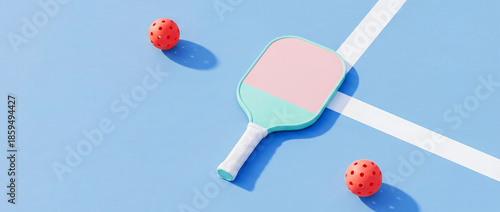 flat lay of a paddle and two pickleball balls on a brightly colored court, a copy-space banner advertising the sport