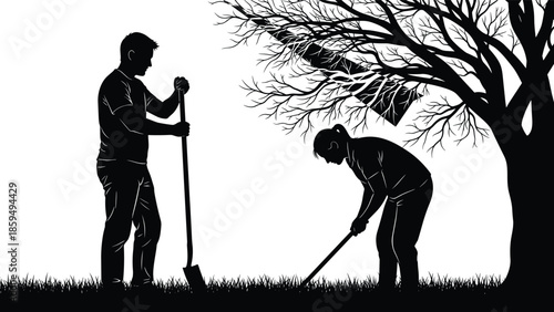 Silhouette gardeners digging soil under tree, men working with shovel and hoe, outdoor agriculture labor scene, isolated vector illustration