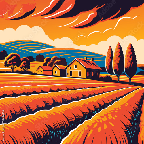 summer rural landscape with houses, trees and mountain's