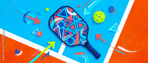 racket with balls on a tennis court, a banner advertising a game of pickleball