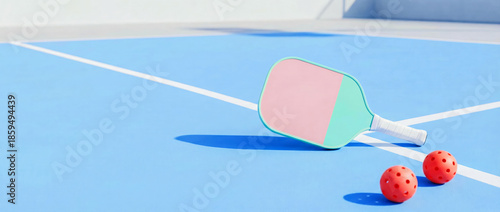 paddle and two balls are on the court, along with a copy-space banner advertising a game of pickleball