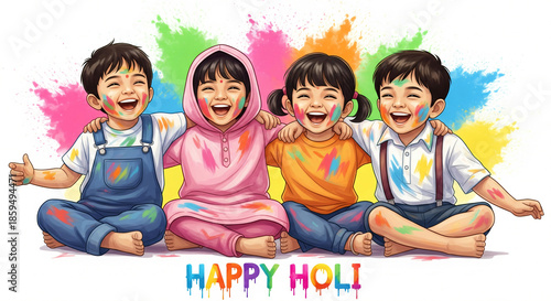 Wallpaper Mural Watercolor illustration of joyful group of children celebrating the holi. Torontodigital.ca